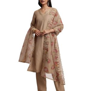 Women's Kurta Pant Set with Embroidered Organza Dupatta