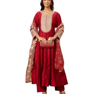 Women's Embroidered Anarkali Kurta Suit Set with Organza Dupatta | A-Line Fit